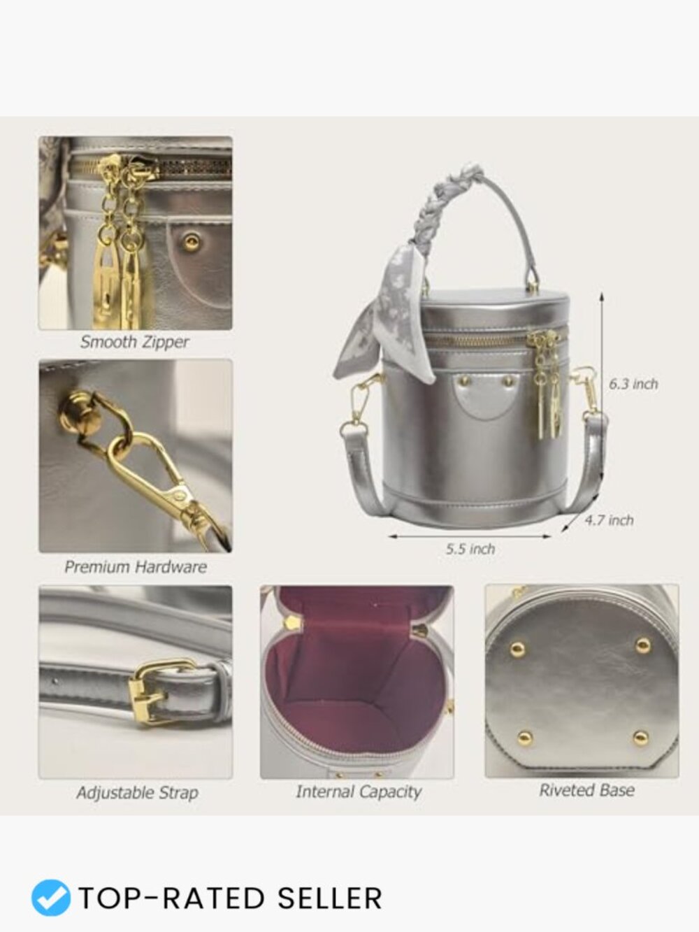 Mini Bucket Crossbody Bag Vegan Leather Gold Accents Zip Closure Adjustable - Picture 4 of 7